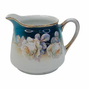 Vintage Germany Creamer Hand Painted Roses Blue Gold Floral Shabby Cottage Chic